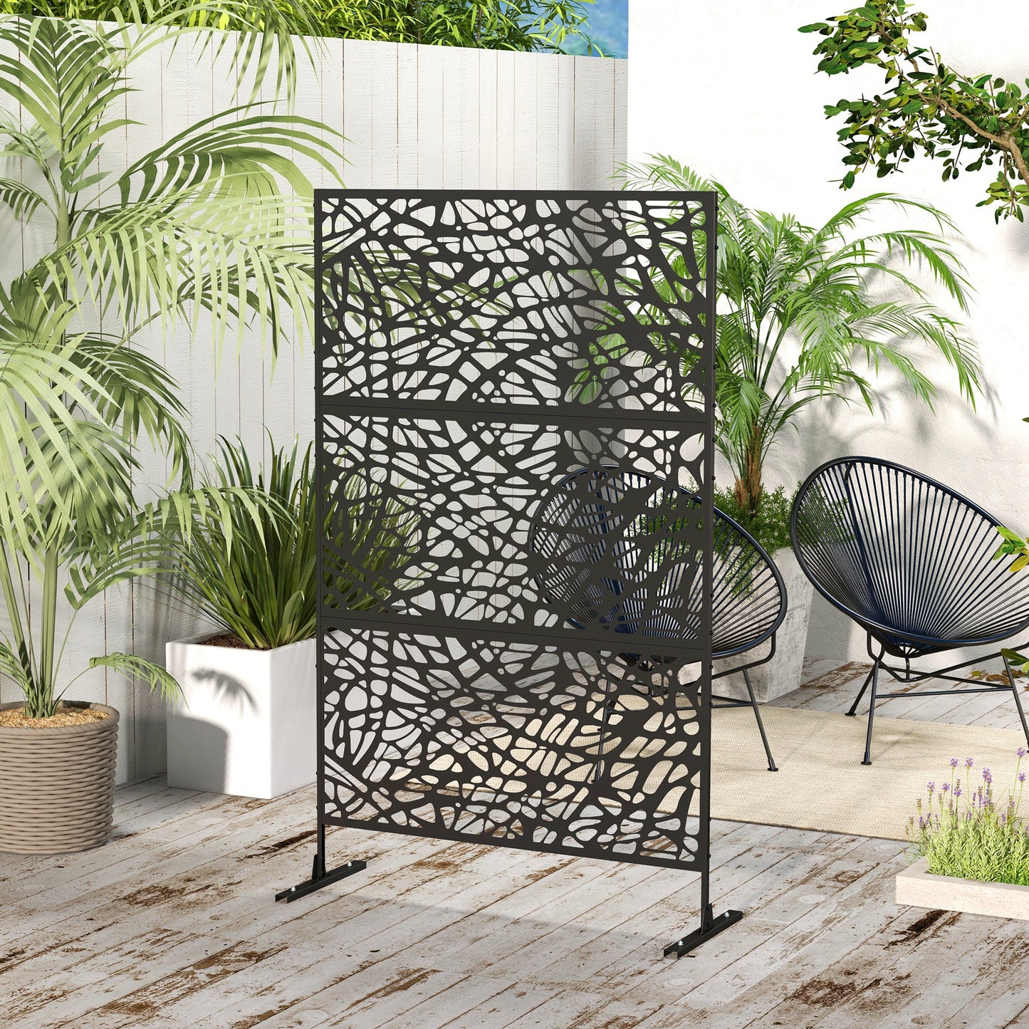Outsunny 6.5FT Decorative Outdoor Divider, Metal Privacy Screen with Stand, Twisted Line Style, Black