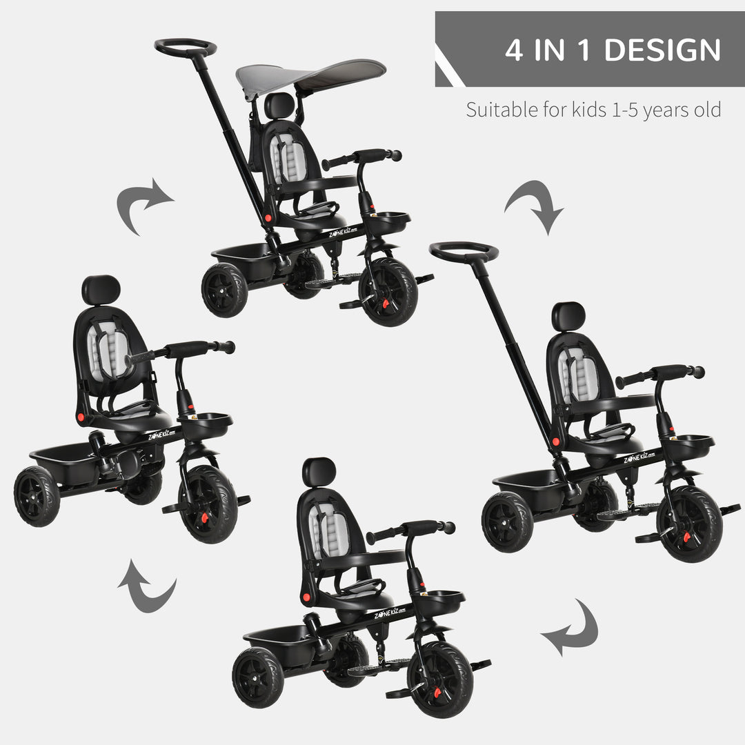 Qaba Kids Tricycle 4 In 1 Trike with Reversible Angle Adjustable Seat Removable Handle Canopy Handrail Belt Storage Footrest Brake Clutch for 1-5 Years Old Black