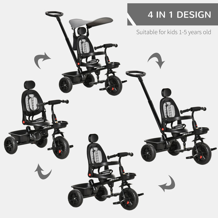 Qaba Kids Tricycle 4 In 1 Trike with Reversible Angle Adjustable Seat Removable Handle Canopy Handrail Belt Storage Footrest Brake Clutch for 1-5 Years Old Black