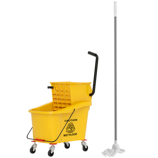 HOMCOM Mop Bucket with Wringer on Wheels for Floor Cleaning, 38 Quart Down Press Wringer with Handle, Yellow