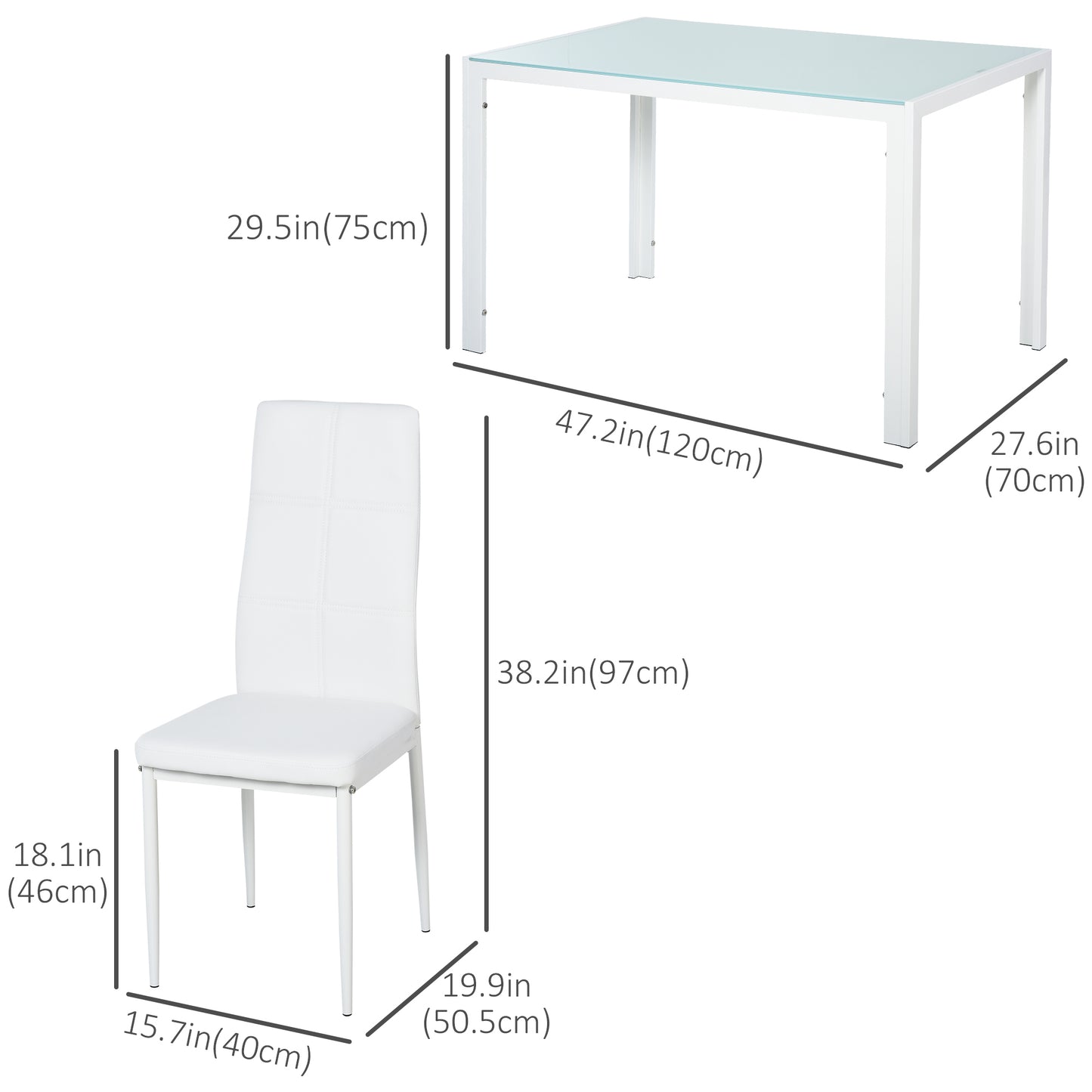 HOMCOM 5-Piece Rectangular Glass Kitchen Table and Chairs with Metal Frame and Faux Leather Upholstery for Dining Room, White