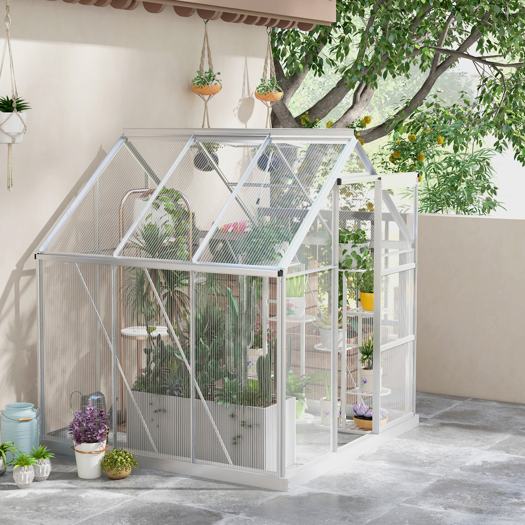 Outsunny 6' x 4' Walk-In Greenhouse, Polycarbonate Greenhouse with Sliding Door, Window, Aluminium Frame, Foundation, Silver
