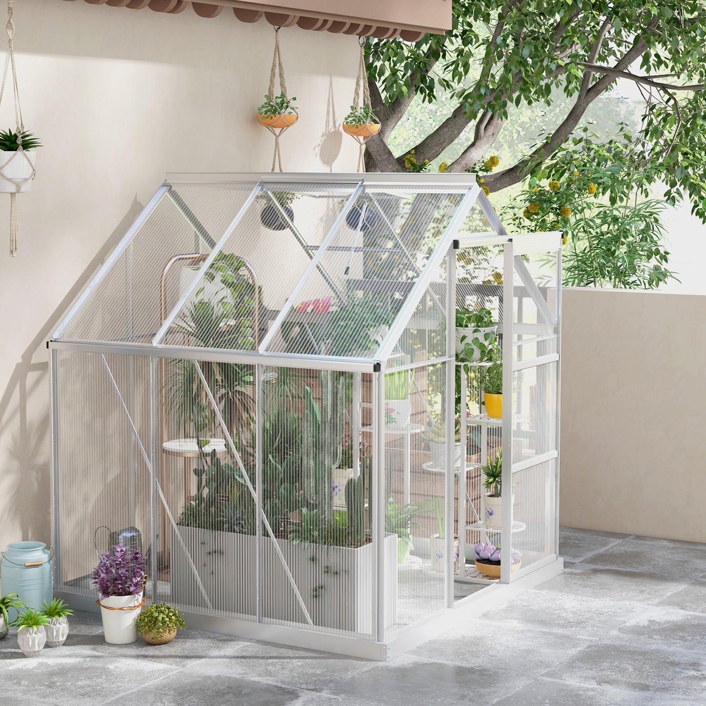 Outsunny 6' x 6' Walk-In Greenhouse, Polycarbonate Greenhouse with Sliding Door, Window, Aluminium Frame, Foundation, Silver