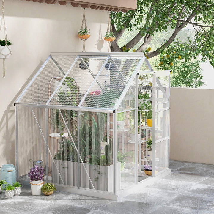 Outsunny 6' x 4' Walk-In Greenhouse, Polycarbonate Greenhouse with Sliding Door, Window, Aluminium Frame, Foundation, Silver