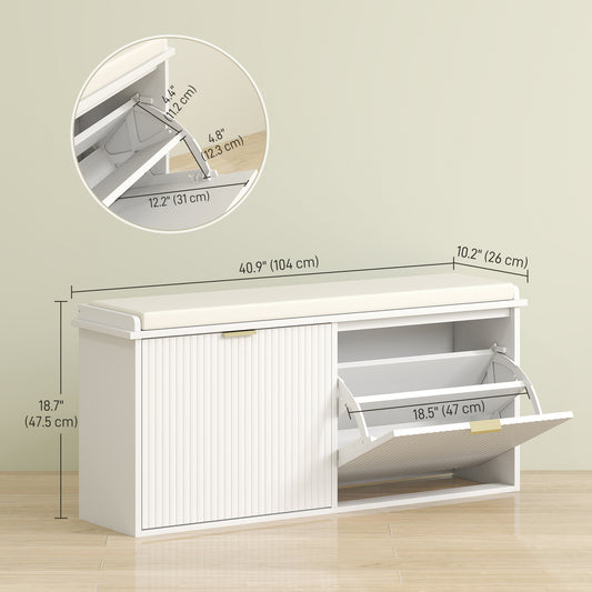 HOMCOM Entryway Bench with Padded Seat and Flip-Drawers, Holds up to 529lbs, Shoe Storage Bench for 10 Pairs of Shoes, White