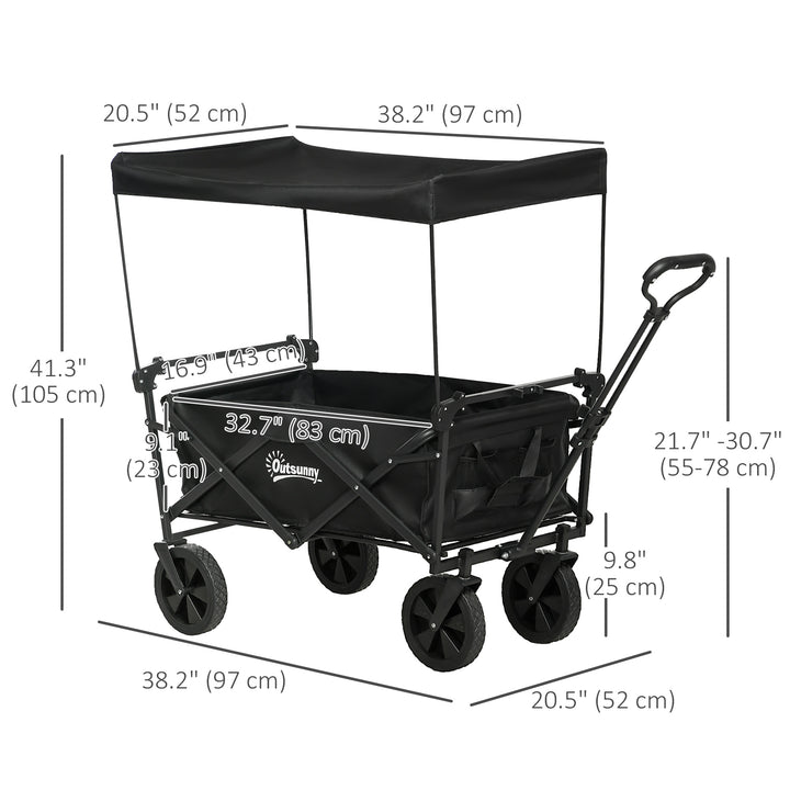 Outsunny Steel Frame Folding Garden Cart, Collapsible Wagon Cart with Removable Canopy, Telescopic Handle and Carrying Bag