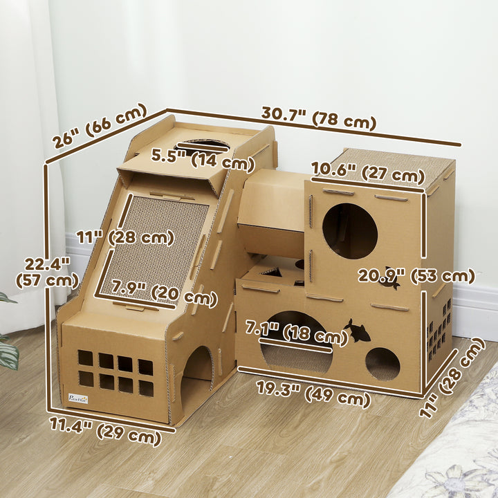 PawHut Multi-Level Cardboard Cat House, Corrugated Cardboard Play Condo with Scratching Pads for Indoor Kittens
