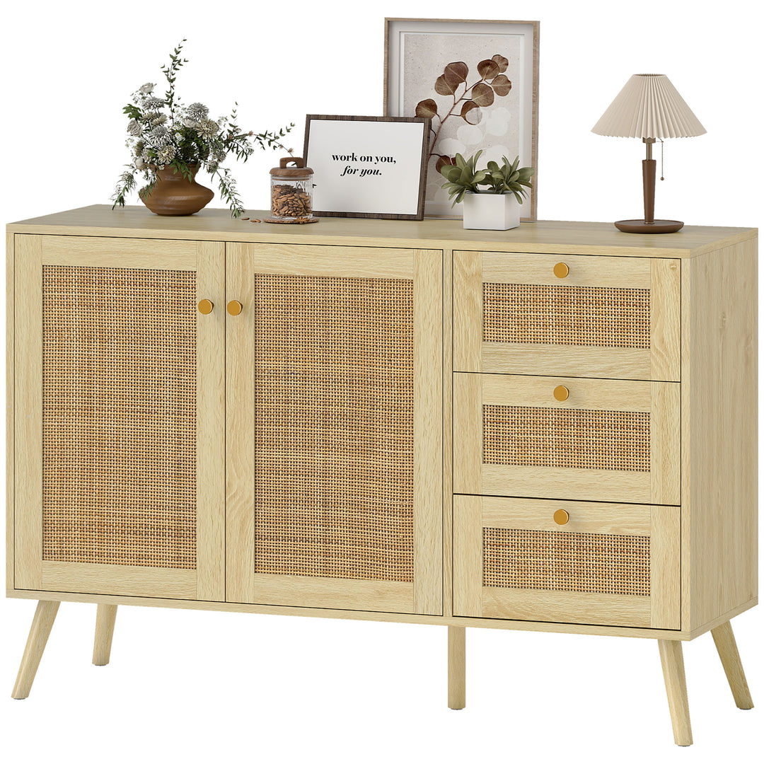 HOMCOM 47" Buffet Cabinet with Soft-Close Doors, Rattan Sideboard with Drawers, Adjustable Shelf and Wooden Legs, Natural