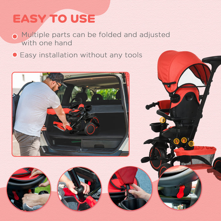 Aosom 6-in-1 Toddler Tricycle for 12-50 Months, Foldable Kids Trike with Adjustable Seat and Push Handle, Safety Harness, Removable Canopy, Footrest, Grey