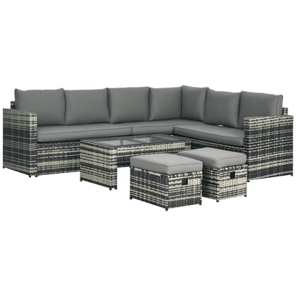Outsunny 6 Piece Rattan Garden Furniture Set, 8-Seater Outdoor Sofa Sectional with 3 Loveseat Wicker Sofa with Cushions, 2 Footstools and Glass Table for Yard, Poolside, Grey
