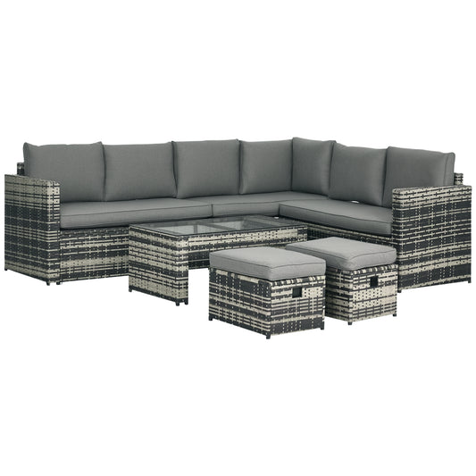 Outsunny 6 Piece Rattan Garden Furniture Set, 8-Seater Outdoor Sofa Sectional with 3 Loveseat Wicker Sofa with Cushions, 2 Footstools and Glass Table for Yard, Poolside, Grey