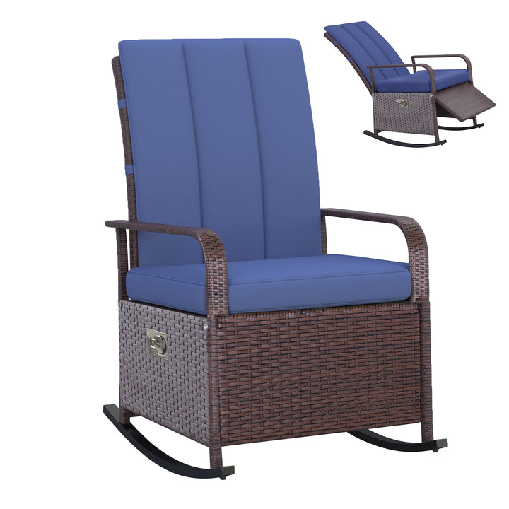 Outsunny Outdoor Wicker Rocking Chair with Cushion, Patio PE Rattan Recliner Chair with Adjustable Footrest, Armrests, Dark Blue