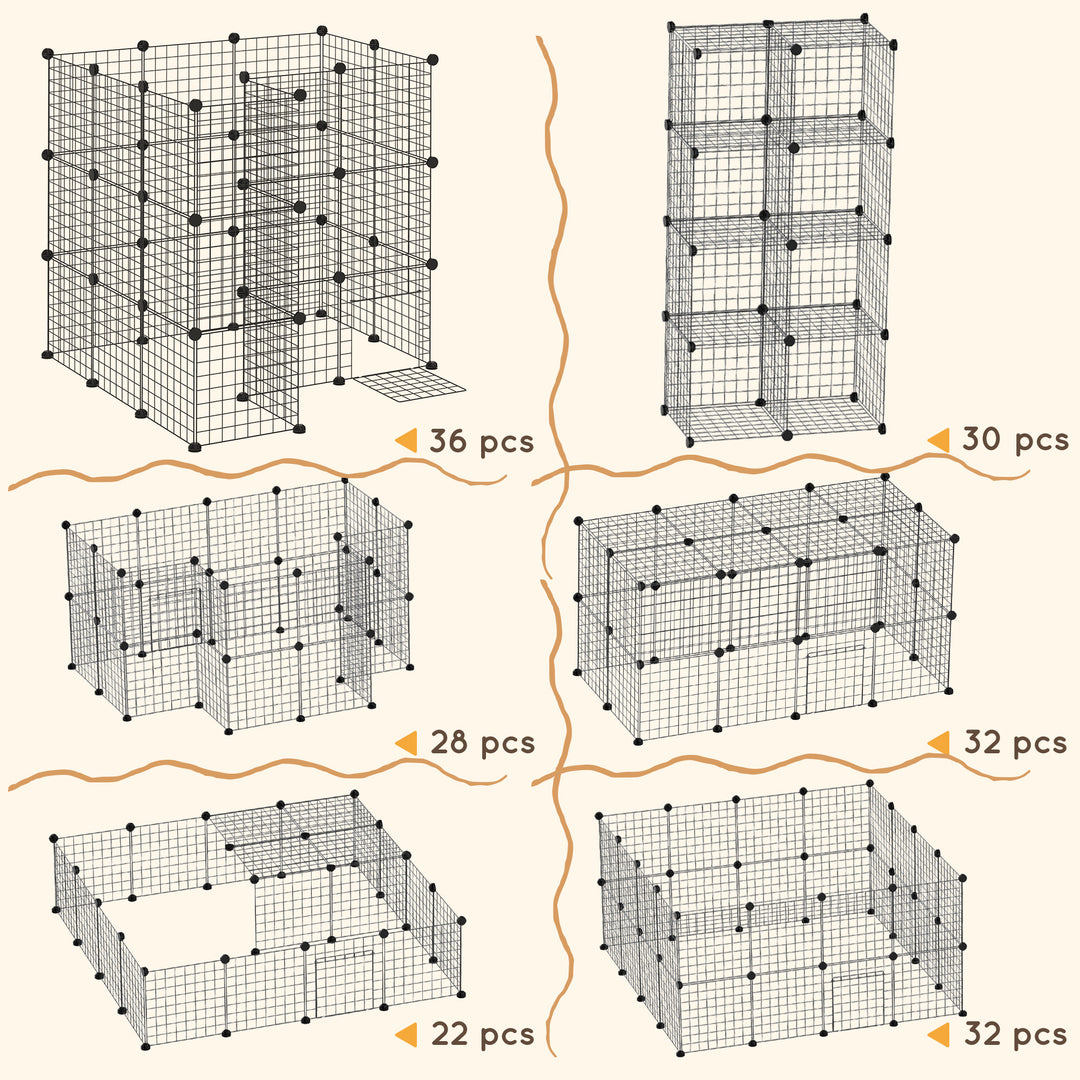 PawHut 40 Pcs Small Animal Cage Bunny Hutch Portable Metal Wire with Ramps for Kitten Chinchilla, Black