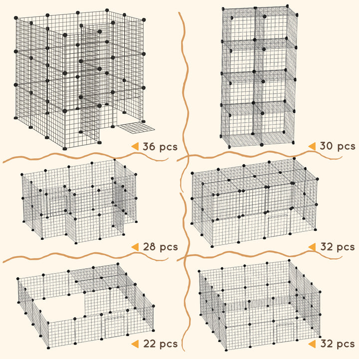 PawHut 40 Pcs Small Animal Cage Bunny Hutch Portable Metal Wire with Ramps for Kitten Chinchilla, Black