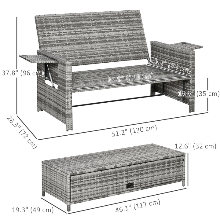 Outsunny 2 Piece Rattan Outdoor Daybed, 2 Seater Sofa Set with Footstool, Storage, Cushions and Pillows for Garden, Patio, Grey