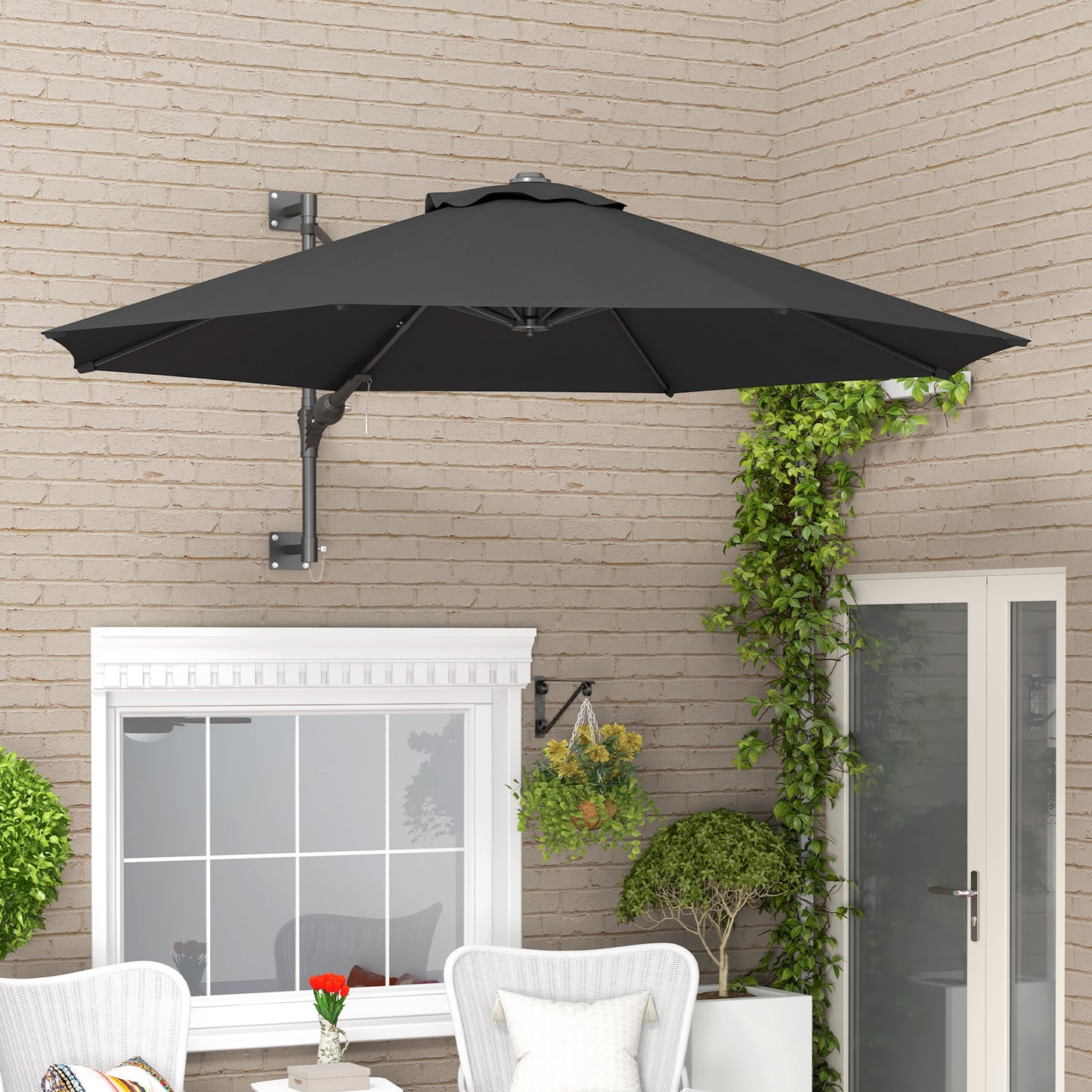 Outsunny 9.6 x 9.6 ft Wall Mounted Umbrella with Rotate, Patio Market Umbrella Parasol for Outdoor with Crank, Charcoal Grey
