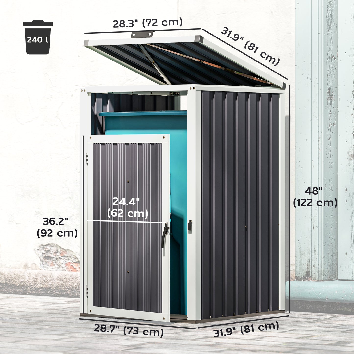 Outsunny Double Garbage Bin Shed, Lockable Outdoor Storage Shed with Openable Lid, Galvanized Frame for Garden Patio, Dark Grey