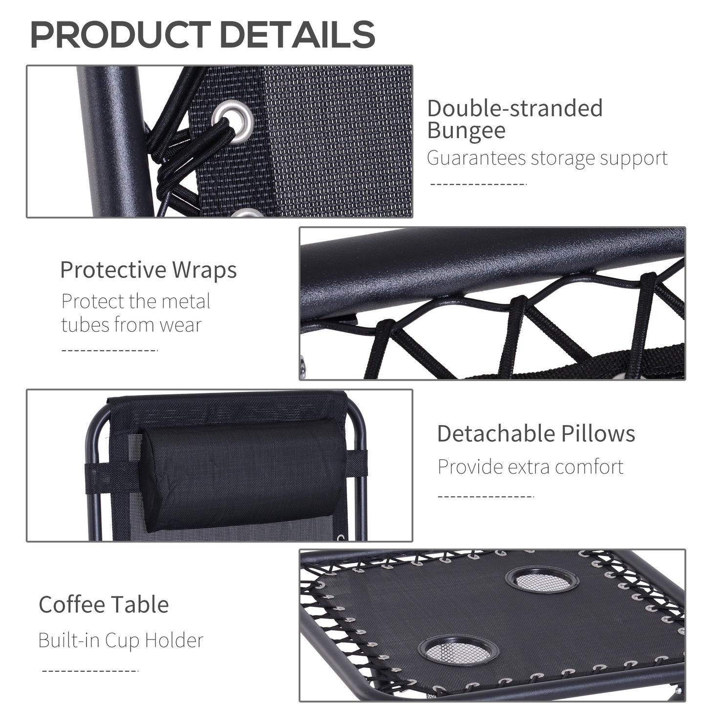 Outsunny Zero Gravity Chair Set of 2 Patio Chair with Side Table Cupholders and Pillows for Pool, Backyard, Lawn, Black