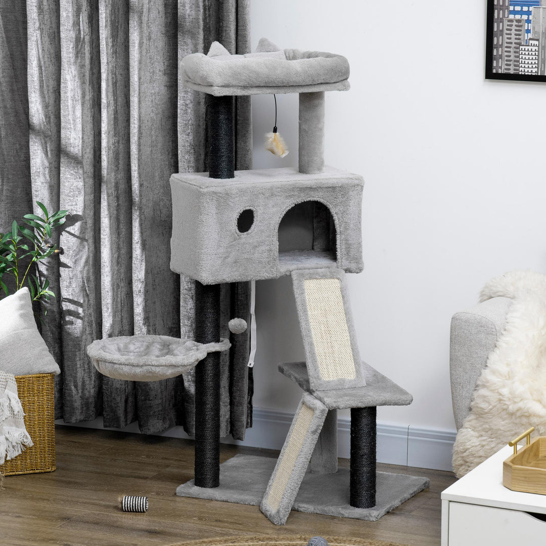 PawHut 47" Cat Tree for Indoor Cats, Kitty Activity Center, Cat Tower with Cat Ear Bed Ramp Condo Hammock Hanging Ball Toys Sisal Rope Scratching Post, Light Grey