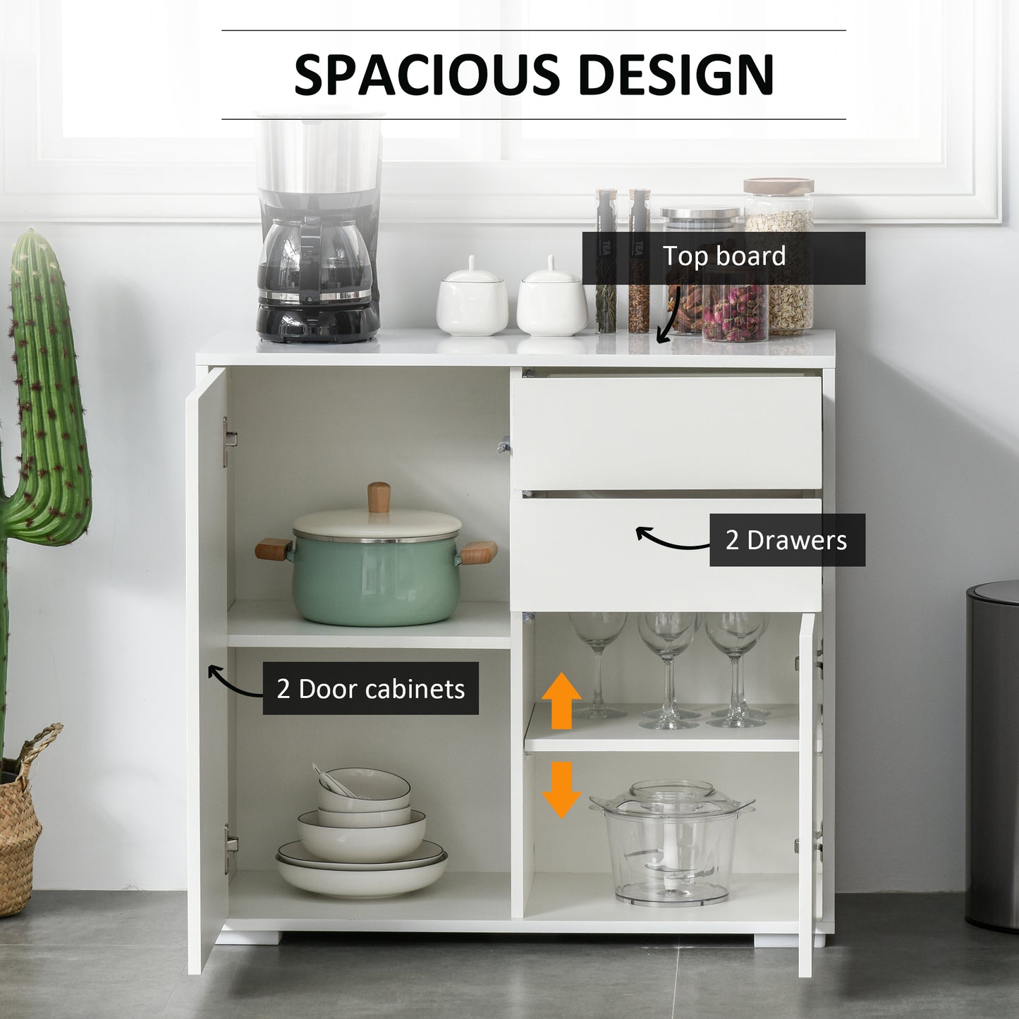 HOMCOM High Gloss Buffet Sideboard with 2 Drawers, 2 Doors and Adjustable Shelf, Kitchen Storage Cabinet with Push Open Design, White