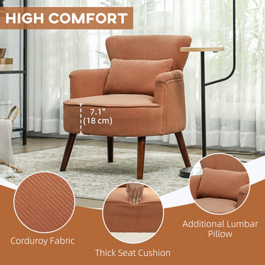 HOMCOM Modern Accent Chair, Upholstered Armchair with Solid Wood Legs and Lumbar Pillow for Living Room, Orange