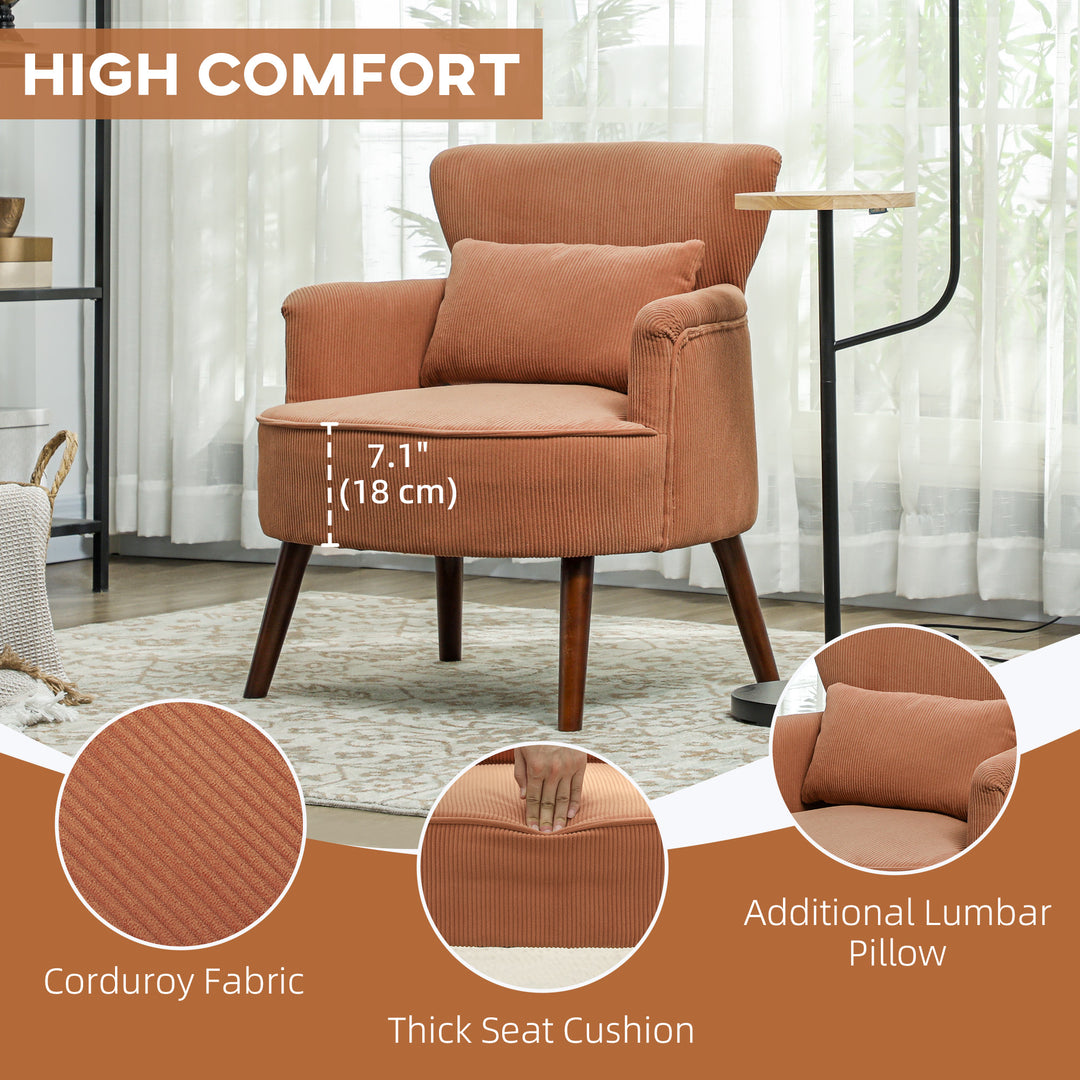 HOMCOM Modern Accent Chair, Upholstered Armchair with Solid Wood Legs and Lumbar Pillow for Living Room, Orange