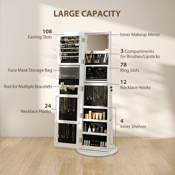 HOMCOM Jewelry Cabinet with Full Length Lockable Mirror, Standing Jewelry Armoire Organizer with LEDs, White
