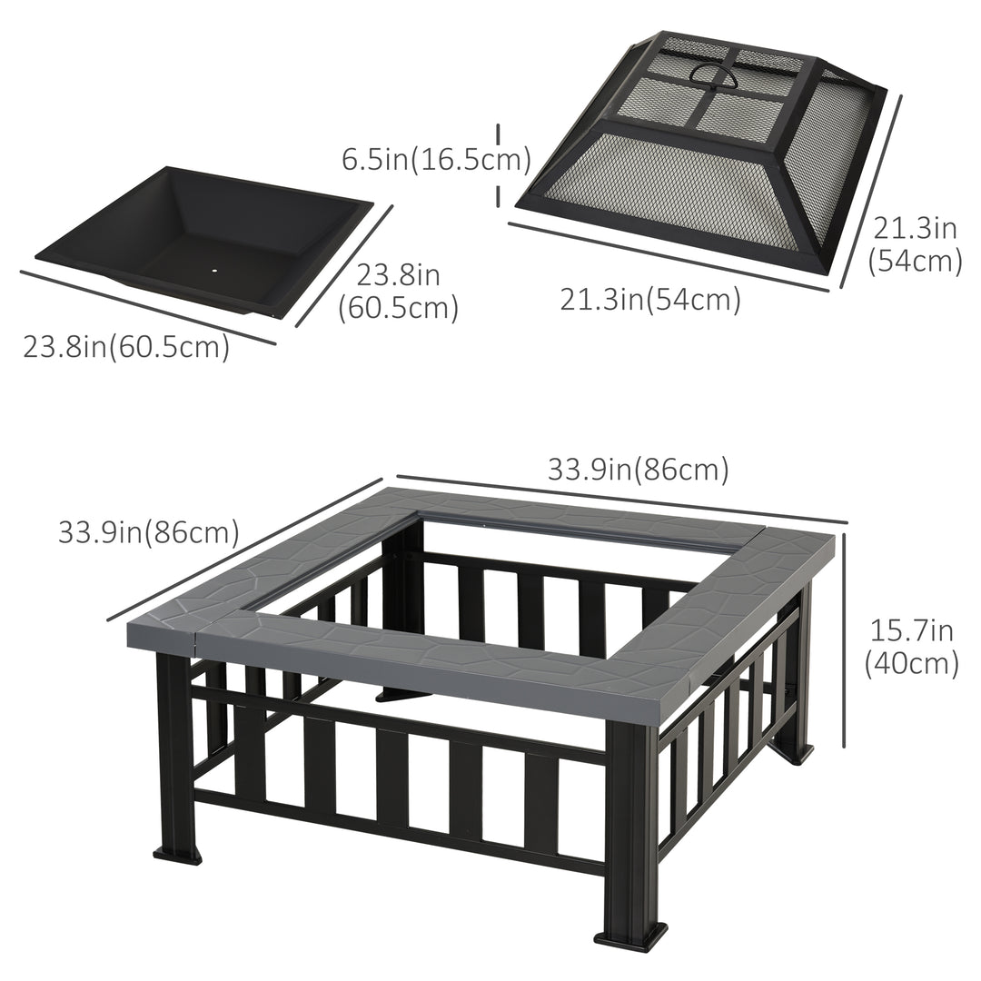 Outsunny 34" Outdoor Square Firepit Steel Stove Portable with Spark Screen Cover Log Grate Poker and Rain Cover for Outside Wood Burning and Camping Black