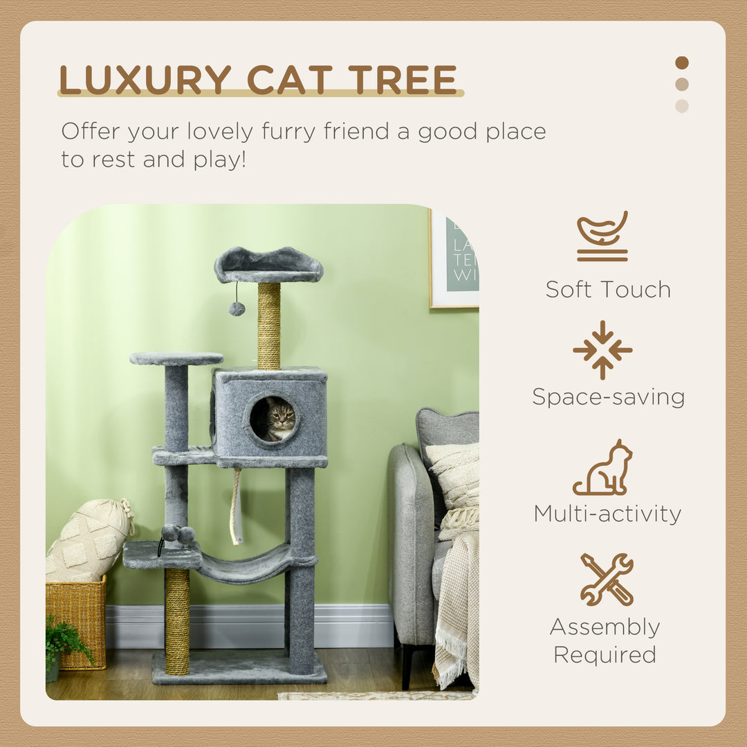 PawHut 54" Cat Tree for Larger Cats Adult with Hammock, Tal Cat Tree Tower with Scratching Post, Condo, Platforms, Play Balls for Indoor Cats, Grey