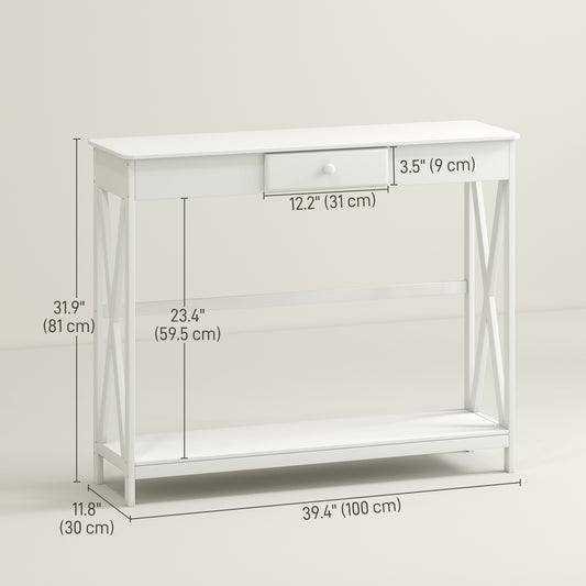 HOMCOM 39" Console Table, 2 Tier X-Design Narrow Entryway Table with Drawer and Storage Shelf for Behind Couch, Living Room, Hallway, White