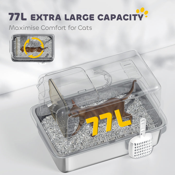 PawHut Stainless Steel Cat Litter Box w/ Removable Lid & Scoop, for Small to Large Cats, Easy to Clean, White