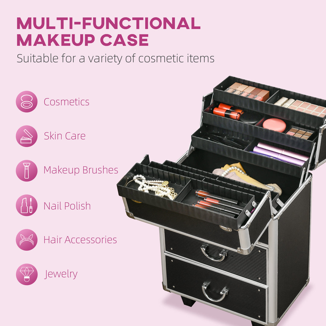 HOMCOM Rolling Makeup Case, Large Storage Cosmetic Trolley, Lockable Traveling Cart Trunk with Folding Trays, Swivel Wheels