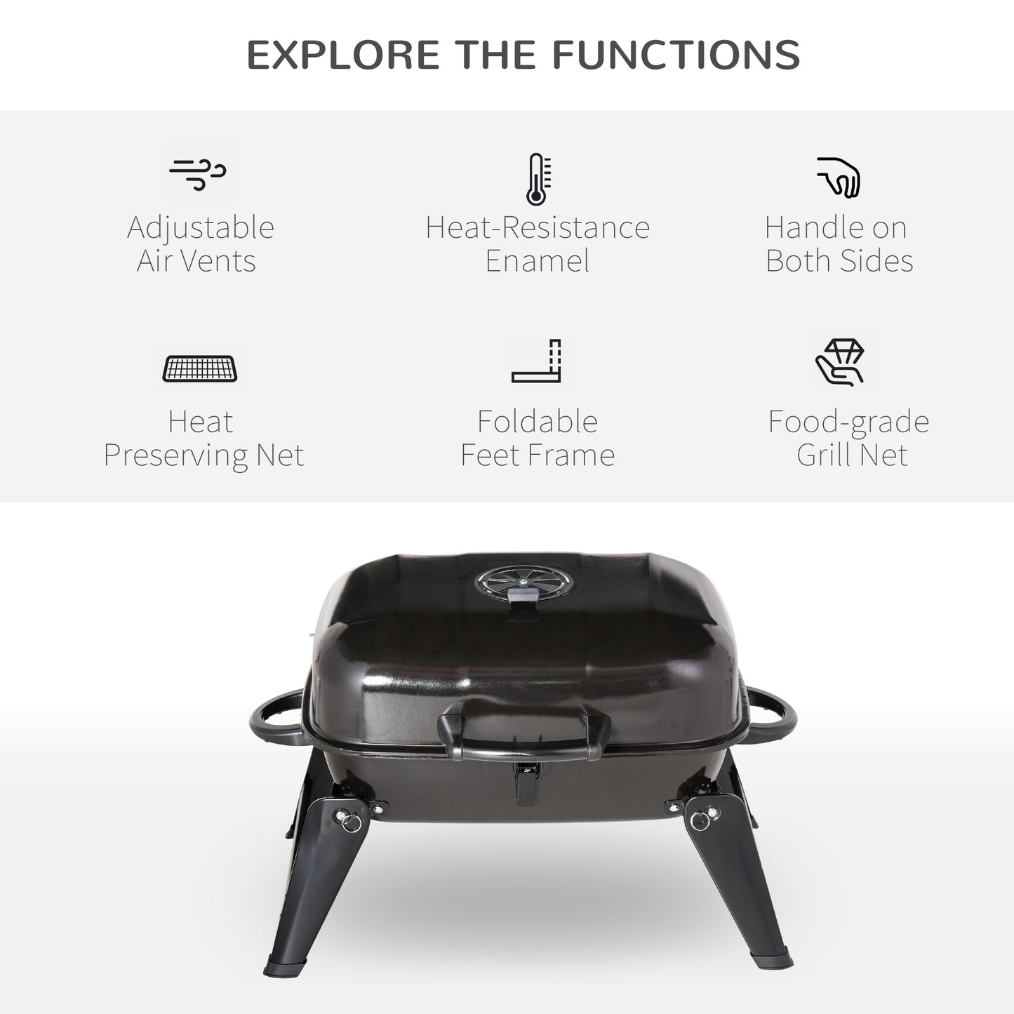 Outsunny 23" Portable Tabletop Steel Charcoal Grill Foldable Outdoor BBQ Camping Picnic Cooker Barbecue Smoker with Air Vent Black