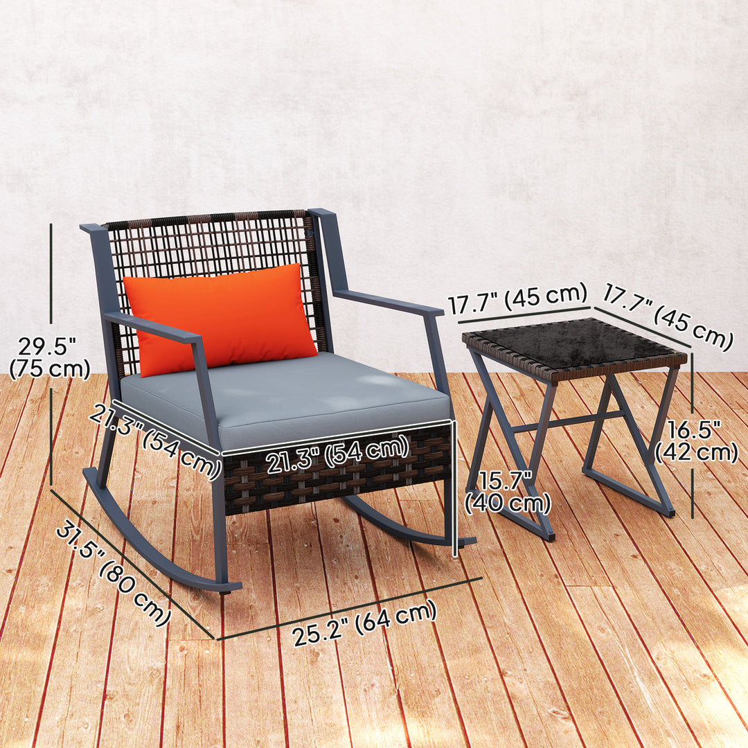 Outsunny 3 Pieces Rocking Bistro Set, Wicker Patio Furniture Set with Cushions and Glass Table for Porch, Balcony, Grey