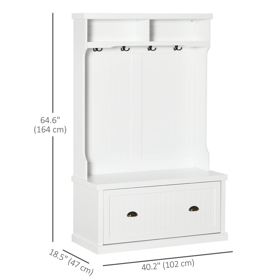 HOMCOM 40" Coat Rack Shoe Bench, 3-In-1 Entryway Hall Tree with Shoe Storage Bench, Modern Coat Hanger Stand with 4 Double Hooks and 2 Shelves for Hallway, Living Room, White