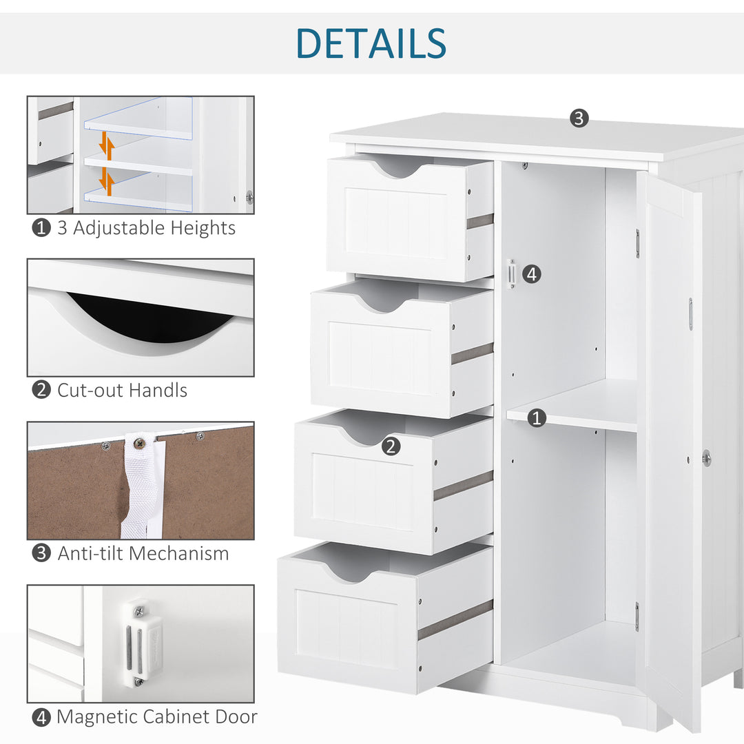 kleankin Bathroom Storage Cabinet, Floor Cabinet with Adjustable Shelf and 4 Drawers, Side Cabinet for Washroom, White