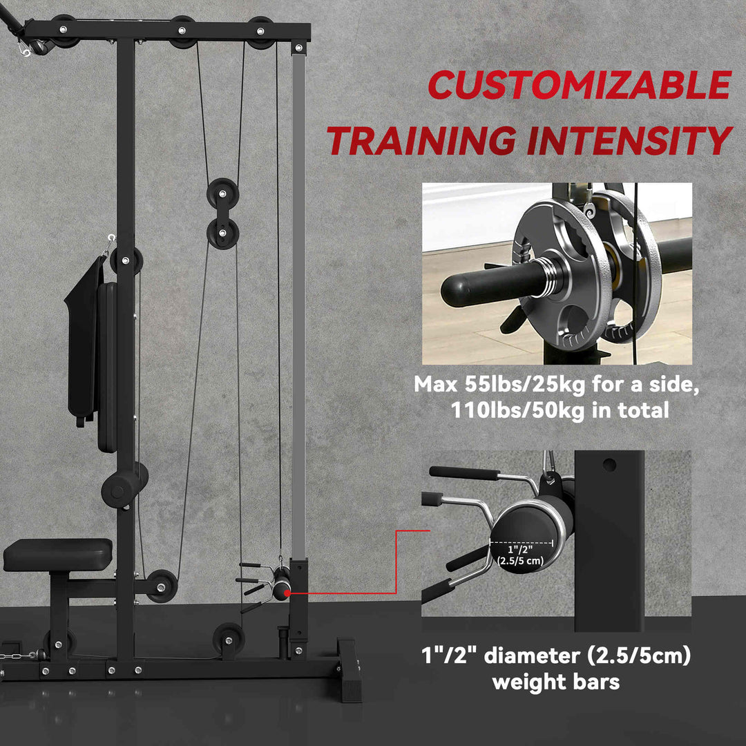 Soozier Lat Pull Down Machine, High / Low Pulley Machine with Adjustable Seat and Flip-Up Footplate, Black