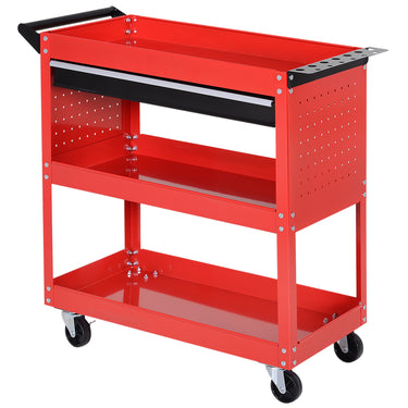 HOMCOM Tool Cart on Wheels, Utility Cart with Wheels, Ball Bearing Drawer, Storage Trays for Garage, Warehouse, Workshop, Red
