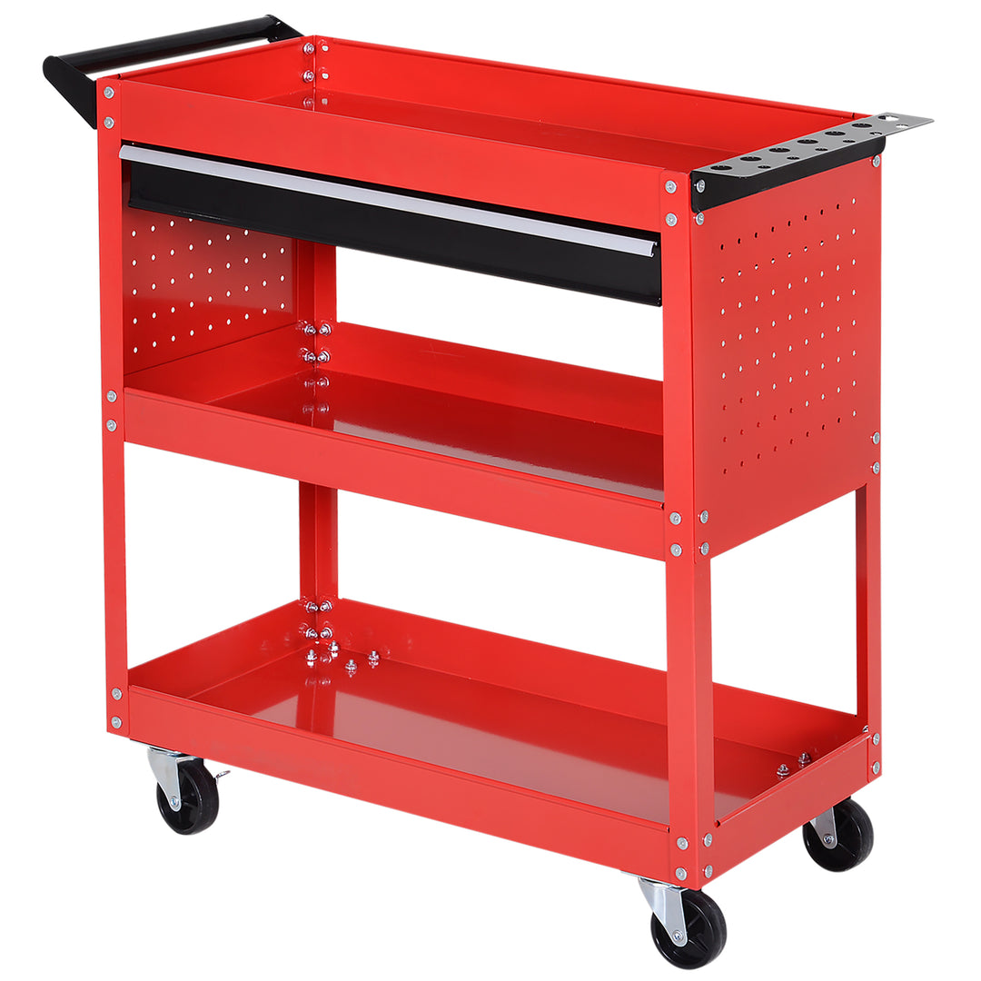 HOMCOM Tool Cart on Wheels, Utility Cart with Wheels, Ball Bearing Drawer, Storage Trays for Garage, Warehouse, Workshop, Red