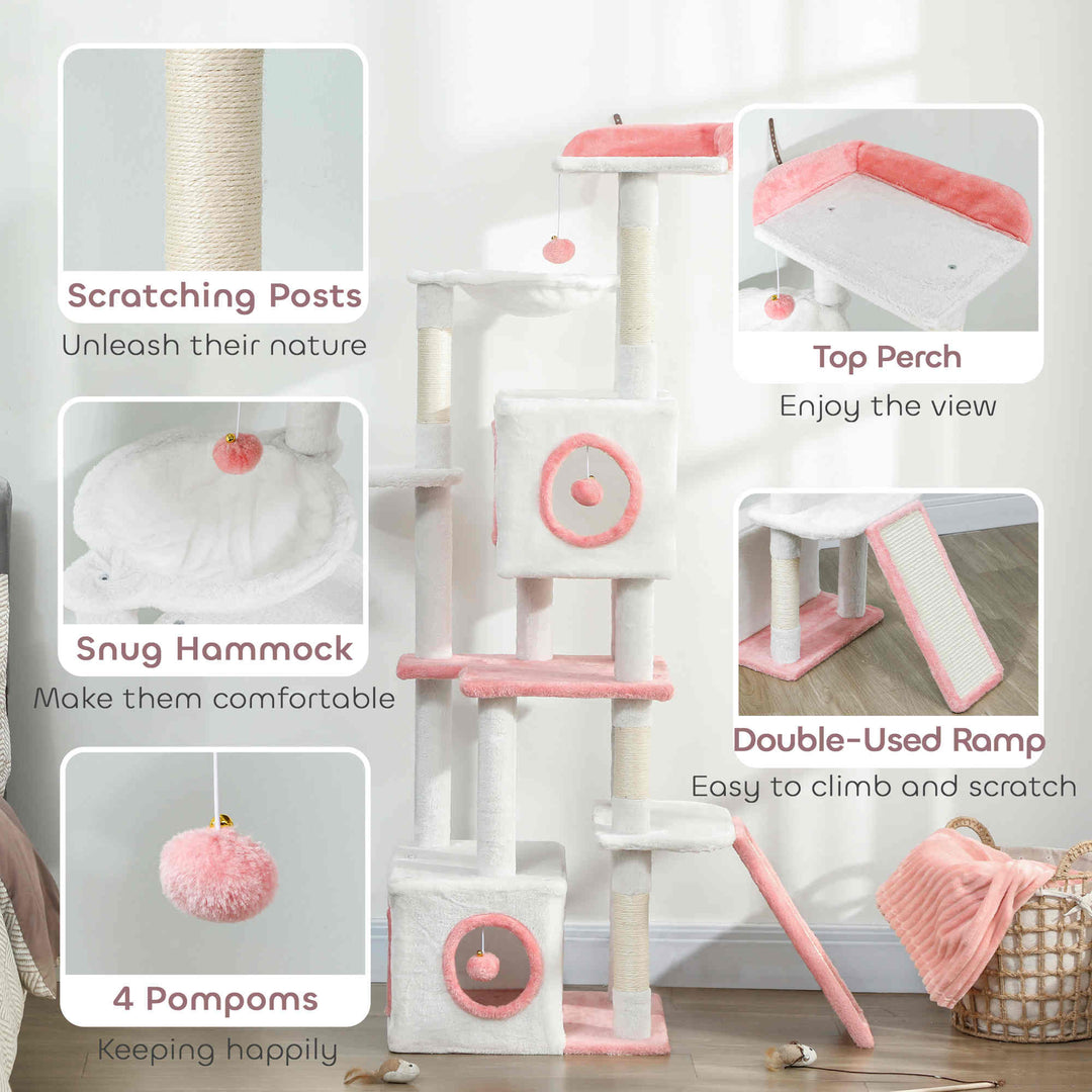 PawHut 65 Inch Cat Tree with 2 Doors Condos, Plush Top Perch, Hammock, Sisal Scratching Posts, 4 Pompoms, Ramp, White