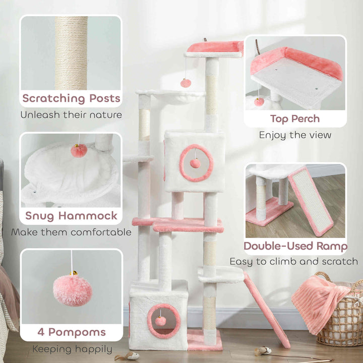 PawHut 65 Inch Cat Tree with 2 Doors Condos, Plush Top Perch, Hammock, Sisal Scratching Posts, 4 Pompoms, Ramp, White