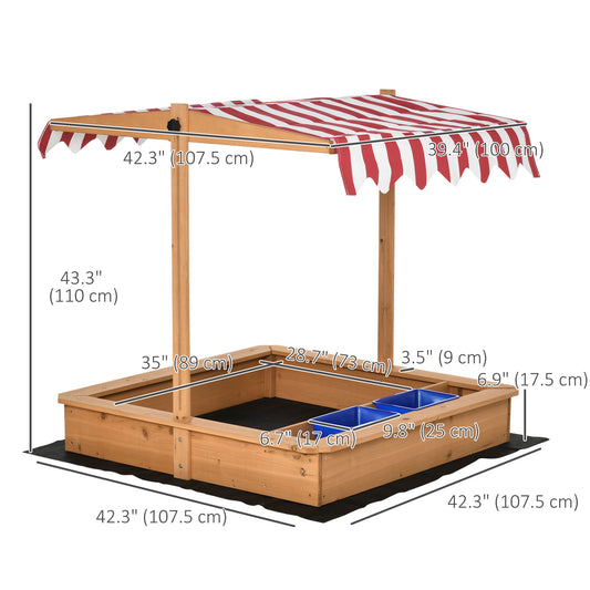 Outsunny Kids Wooden Sandbox, Children Play Sand Station Outdoor with Adjustable Height Cover Lid, Bottom Liner, Seat, Plastic Basins, for 3-7 Years Old Boys and Girls