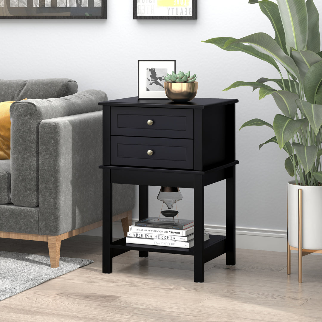 HOMCOM Modern Sofa Side Table, Accent End Table with Drawers and Storage Shelf, Nightstand for Bedroom Living Room, Black