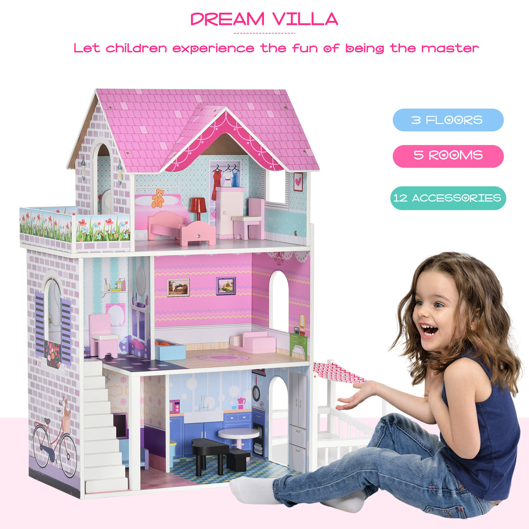 Qaba 2.9ft Kids Wooden Dollhouse Dreamhouse Villa with Patio Dollhouse with Furniture Accessories Kit for Toddler Girls Multi-level House for Children Pink