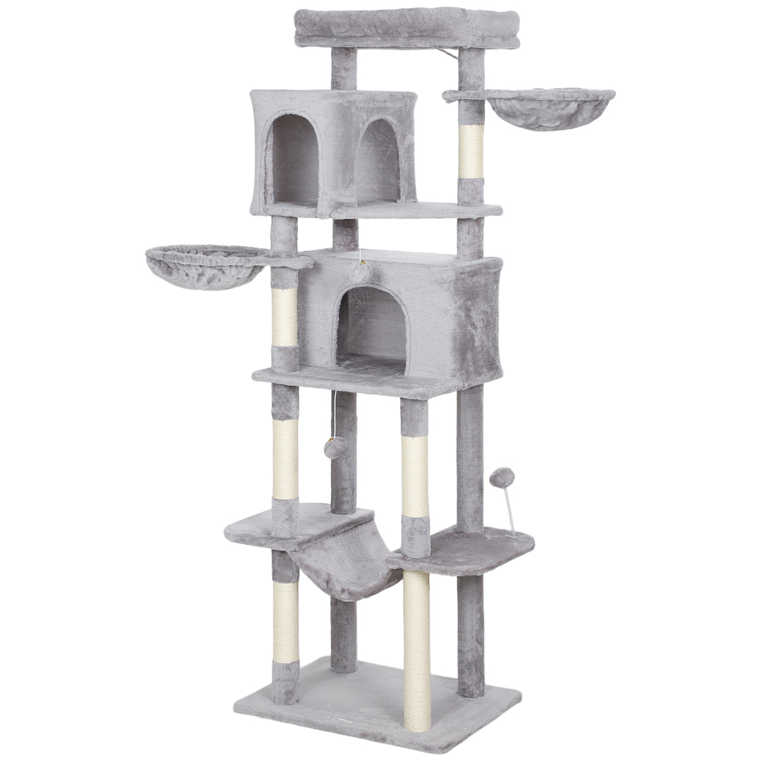 PawHut 69" Cat Tree, Multi-Level Cat Tower with 2 Condos, Plush Perch and Sisal Scratching Posts, Dark Grey