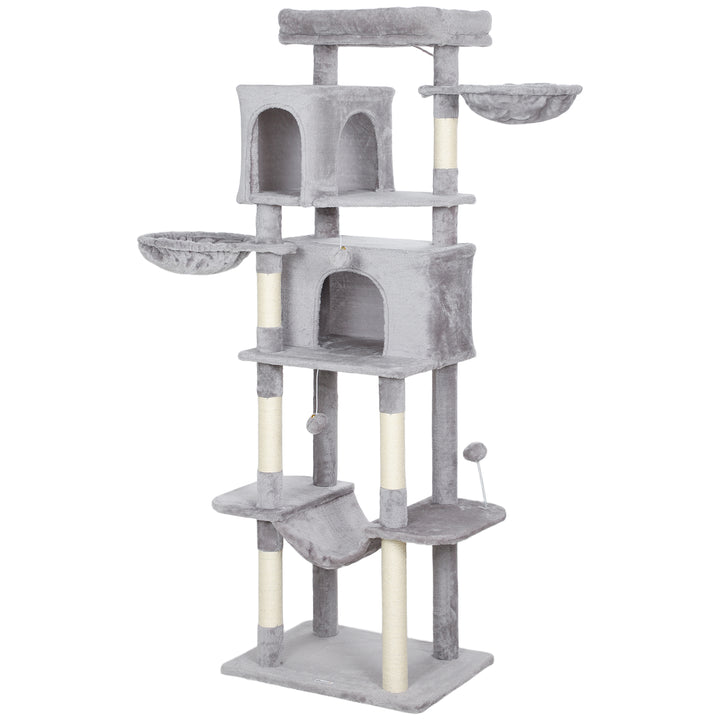 PawHut 69" Cat Tree, Multi-Level Cat Tower with 2 Condos, Plush Perch and Sisal Scratching Posts, Dark Grey
