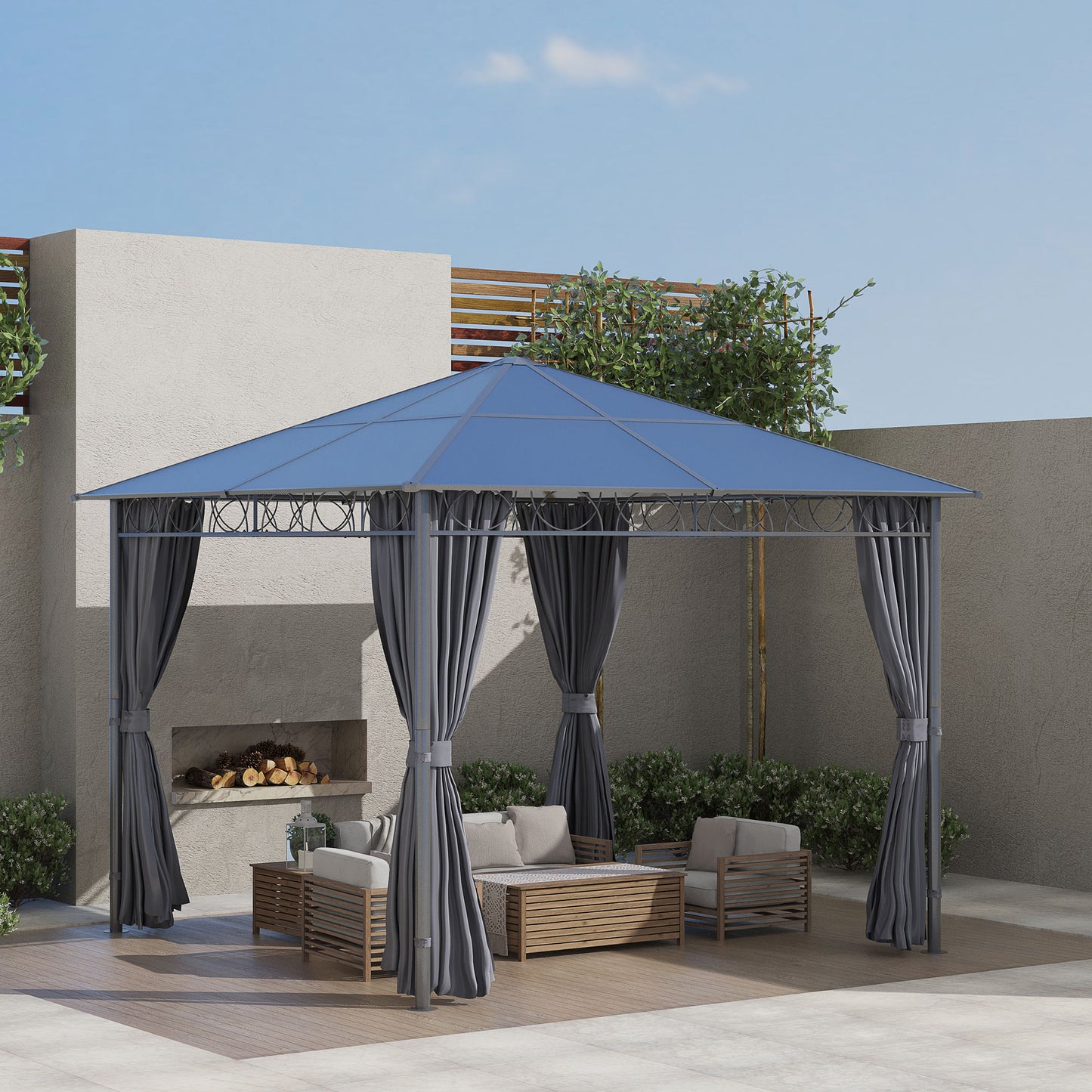 Outsunny 10' x 10' Polycarbonate Hardtop Gazebo Canopy, Outdoor Patio Gazebo with Aluminum Frame & Curtains, Dark Grey
