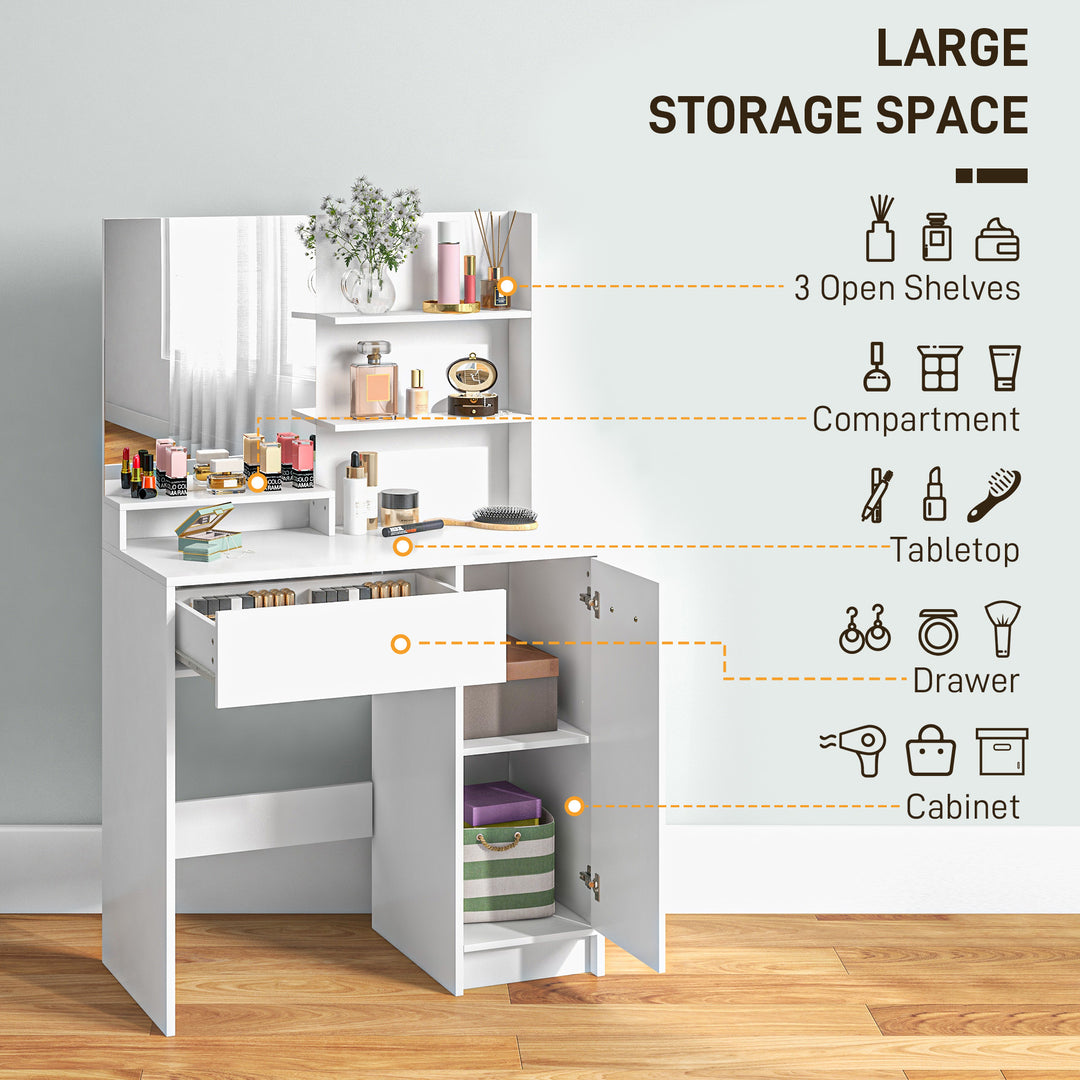 HOMCOM Vanity Set with Mirror and Stool, Makeup Vanity Table with Storage Drawer, Cabinet, Adjustable Shelf for Bedroom, White