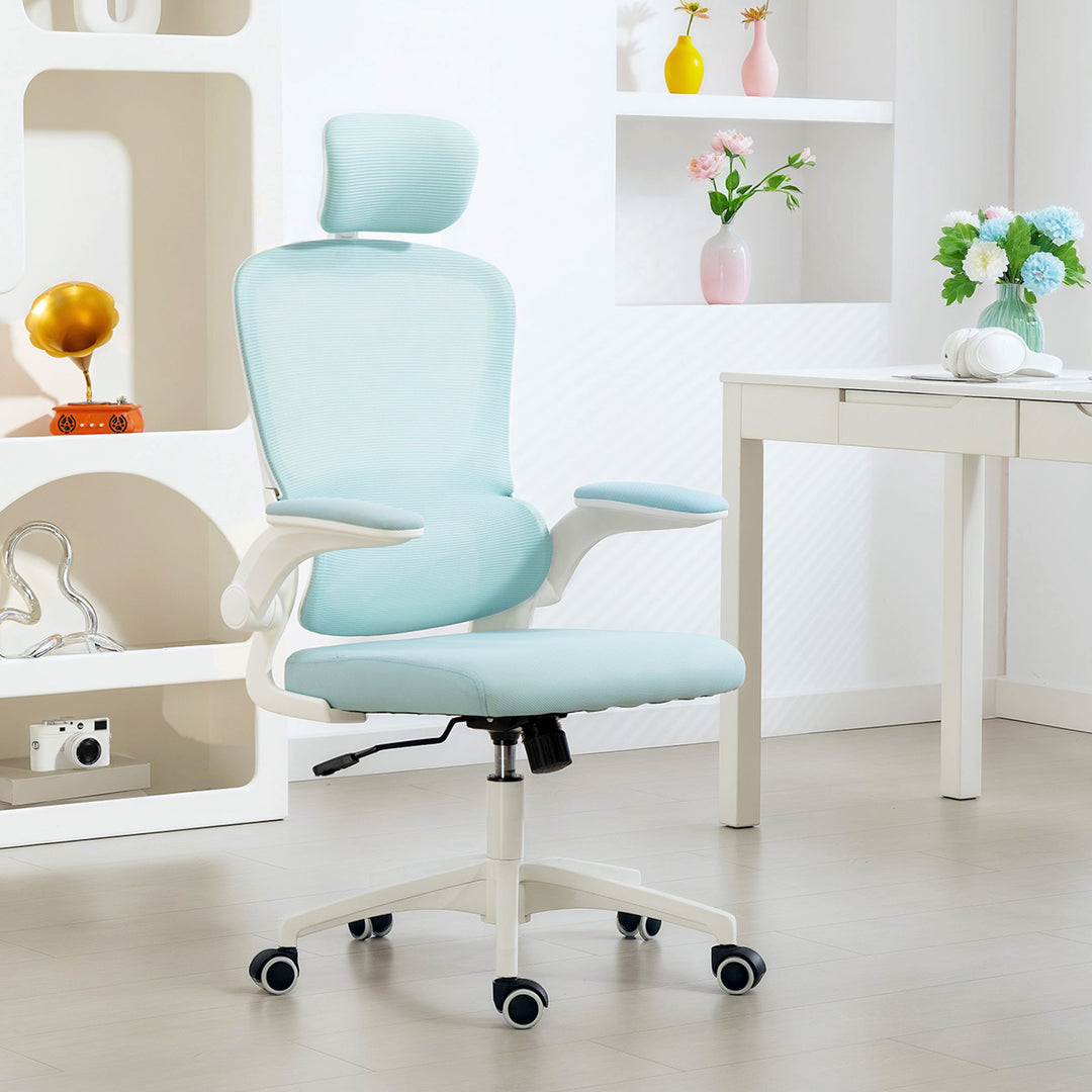 HOMCOM Ergonomic Mesh Office Chair, High Back Desk Chair with Rotatable Headrest, Flip-Up Armrests, Lumbar Support, Grey