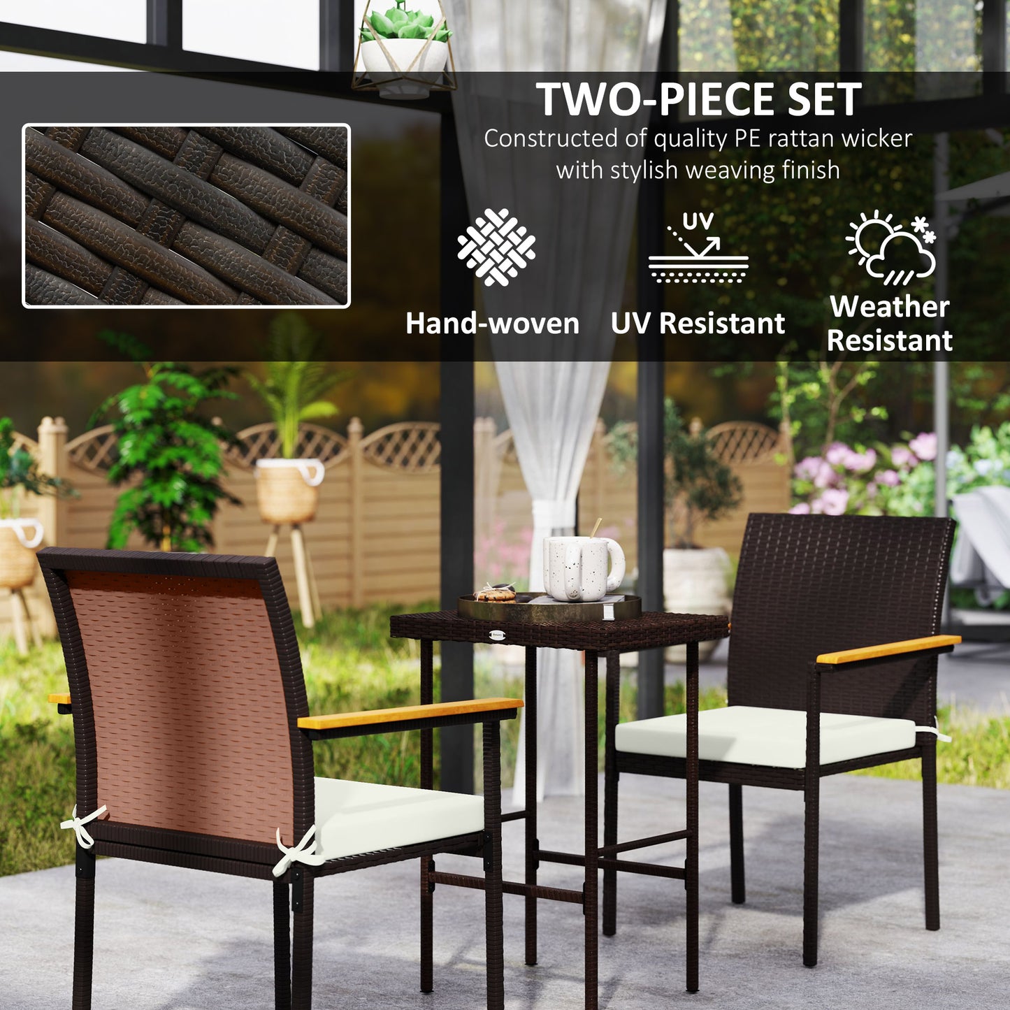 Outsunny Stackable Wicker Patio Chairs Set of 2 with Removable Cushion, Armrest for Garden, Porch, Yard, Cream White